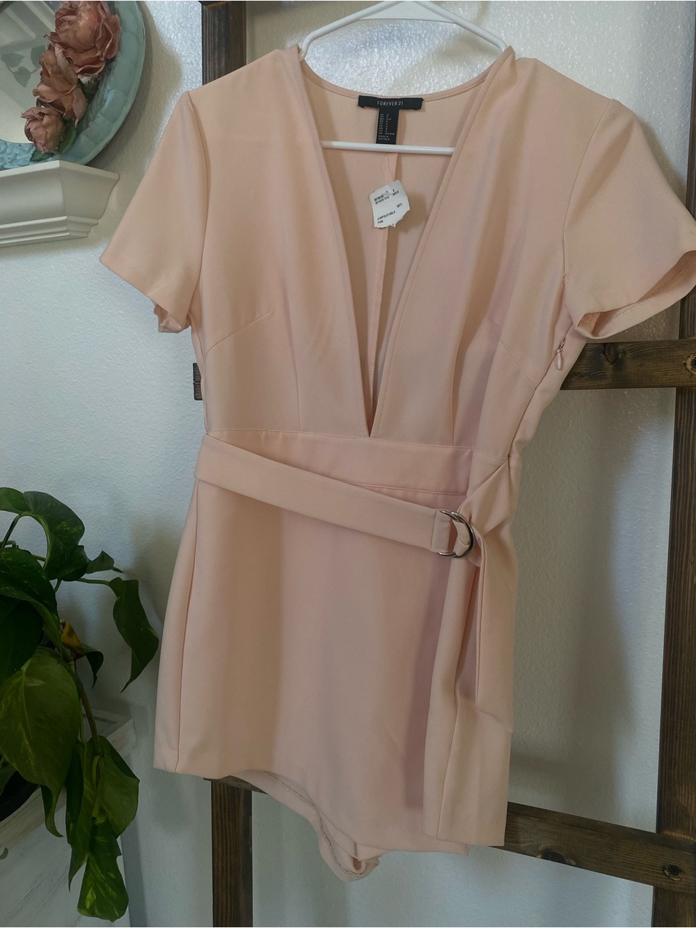 Forever 21 Blush Pink V-Neck Belted Mini Romper